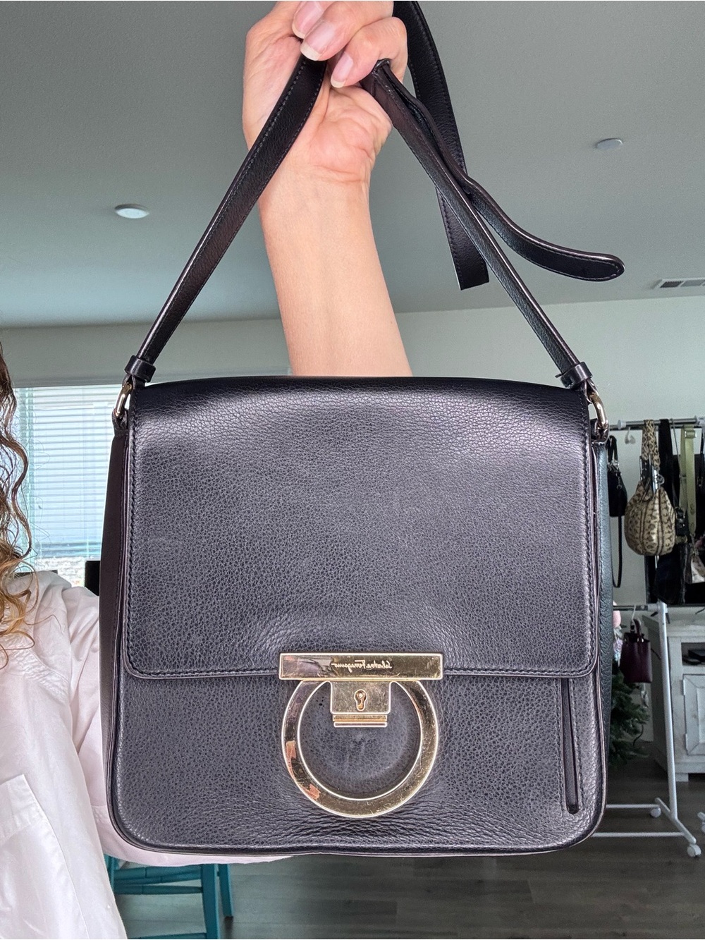 Ferragamo Gancini Lock Flap crossbody shoulder bag with mirror and care card